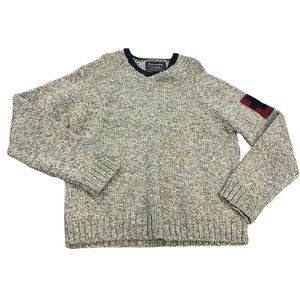 Vintage Abercrombie & Fitch Wool Sweater Small Varsity Style Tan Blue V Neck